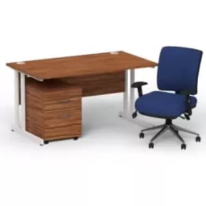 Impulse 1400 x 800 White Cant Office Desk Walnut + 2 Dr Mobile Ped & Chiro Med Back Blue W/Arms
