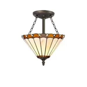 Middleburgh 3 Light Semi Flush Ceiling E27 With 30cm Tiffany Shade, Amber, Crystal, Aged Antique Brass