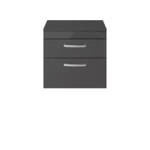 Nuie Athena 600 Wall Hung 2-drawer Vanity & Worktop - Gloss Grey