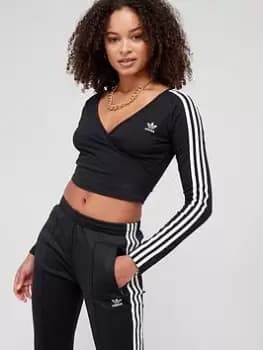 adidas Originals Long Sleeve Wrap Crop T-Shirt - Black, Size 10, Women