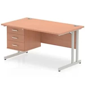 Dynamic Rectangular Office Desk Beech MFC Cantilever Leg Silver Frame Impulse 1 x 3 Drawer Fixed Ped 1400 x 800 x 730mm