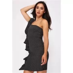 I Saw It First Stripy One Shoulder Frilled Bodycon - Black