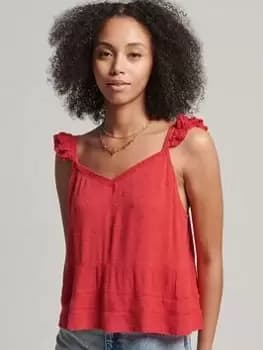 Superdry Vintage Broderie Cami Top - Red, Size 12, Women
