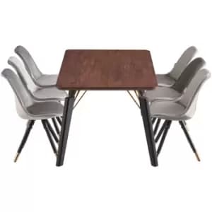 7 Pieces Life Interiors Sofia Cosmo Dining Set - a Rectangular Walnut Dining Table and Set of 6 Dark Grey Dining Chairs - Dark Grey