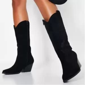 I Saw It First FauXSuede Western Stitching Knee High Boots - Black
