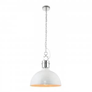 1 Light Dome Ceiling Pendant Satin Chrome, Gloss White, E27