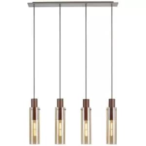 Luminosa Blake Slim Linear Ceiling Pendant, 4 Light Adjustable E27, Mocha, Amber Glass