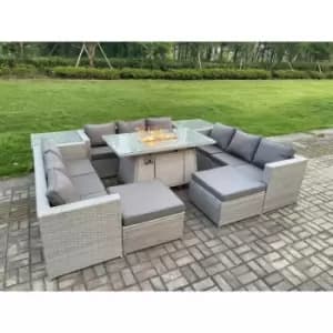 Fimous 9 Seater Outdoor Light Grey Rattan Lounge Sofa Complete Set with Gas Fire Pit and 2 Big Footstools