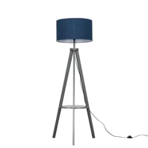 Morrigan Grey Wood Tripod Floor Lamp with XL Navy Blue Reni Shade