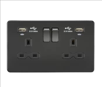 KnightsBridge 13A 2G Switched Socket, Dual USB (2.4A) with LED Charge Indicators - Matt Black
