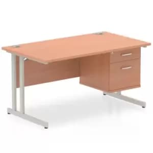 Impulse 1400 Rectangle Silver Cant Leg Desk Beech 1 x 2 Drawer Fixed Ped