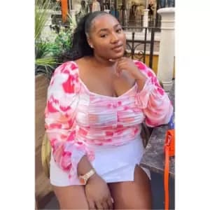 I Saw It First Pink Plus Size Mesh Milkmaid Sleeve Ruched Front Top - Pink