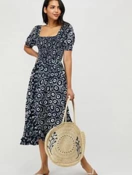 Monsoon Esha Hand-Screen Print Dress - Navy