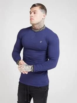 SikSilk Long Sleeve Chain Rib Collar Cuff Polo Shirt - Navy