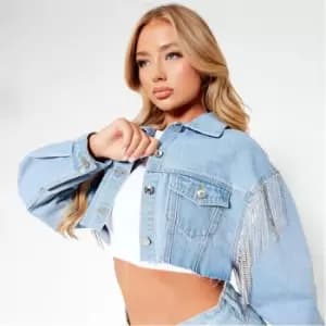 I Saw It First Diamante Tassel Detail Crop Denim Jacket - Blue
