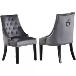 Windsor Velvet Upholstered Dining Chair Ring Knock Chrome Nailhead Trim Set of 2 Dark Grey - Dark Grey