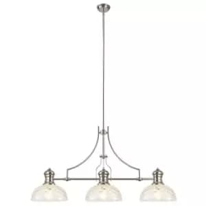 Linear Ceiling Pendant With 30cm Flat Round Patterned Shade, 3 x E27, Polished Nickel, Clear Glass - Luminosa Lighting