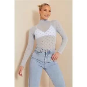 I Saw It First Baby Blue Flocked Mesh Polka Dot Lettuce Hem High Neck Bodysuit - Blue