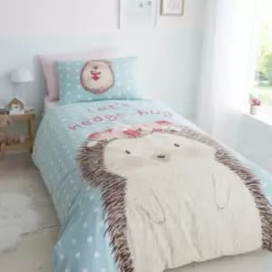Catherine Lansfield Kids Polka Dot Hedgehog Hug Print Easy Care Duvet Cover Set, Blue, Single