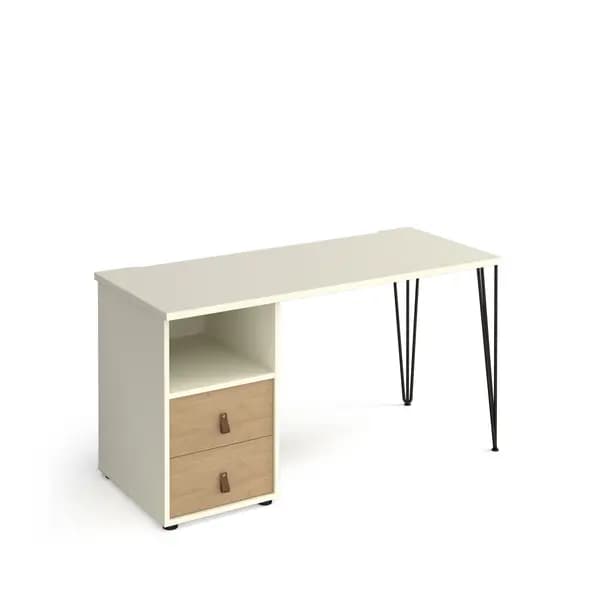 Tikal Straight White Desk with Black Hairpin Leg with Oak Drawers - 1400mm x 600mm