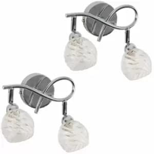 Minisun - 2 x Chrome Curved Arm Wall Lights with Swirled Glass Shades - No Bulb