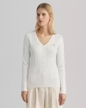 GANT Women Stretch Cotton Cable V-Neck Sweater (L) Beige