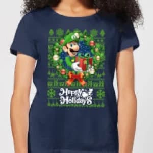 Nintendo Super Mario Happy Holidays Luigi Womens Christmas T-Shirt - Navy - L