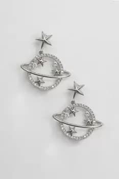 Rhodium Plated Planet Drop Earrings