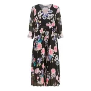 Yumi Black Floral Pleated Wrap Midi Dress - Black
