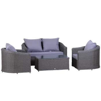 Outsunny Deluxe Garden Rattan Furniture Set 4-seater Sofa Set Coffee Table Single Chair Bench Wicker Weave Patio Aluminium Frame Fully-assembly, Grey