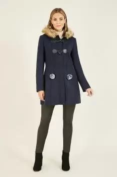 Navy Duffle Coat With Fur Trim Hood