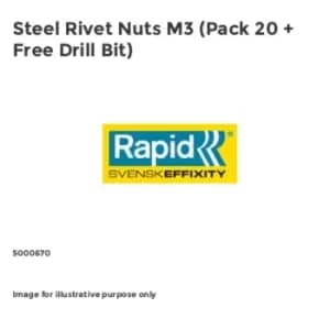 Rapid Steel Rivet Nuts M3 (Pack 20 + Free Drill Bit)