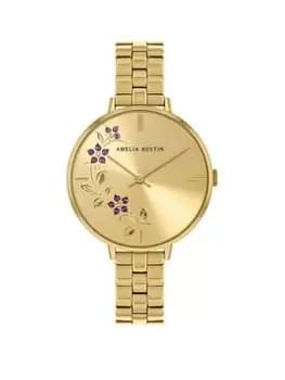 Amelia Austin Floral Ladies Rose Gold Stainless Steel Bracelet Pink Stone Set Etched Dial Watch, Rose Gold, Women
