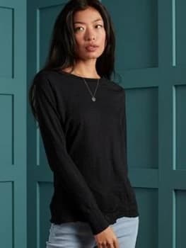 Superdry Embroidered Hem Slub Long Sleeved Top, Black, Size 6, Women