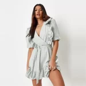 Missguided Gingham Ruffle Tie Waist Wrap Dress - Green