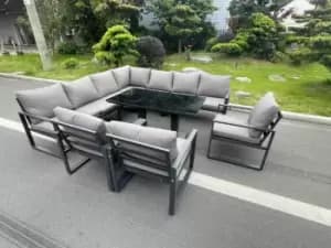 Fimous 10 Seater Outdoor Dark Grey Aluminum Lounge Complete Sofa Set with Adjustable Rising Dining Table
