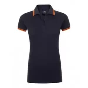 SOLS Womens/Ladies Pasadena Tipped Short Sleeve Pique Polo Shirt (L) (French Navy/Neon Orange)