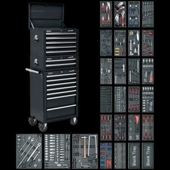 Sealey Superline Pro 14 Drawer Roller Cabinet, Mid and Top Tool Chests + 1179 Piece Tool Kit Black