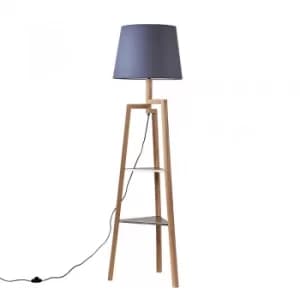 Towa Light Wood Tripod Floor Lamp with Shelves and XL Grey Aspen Shade
