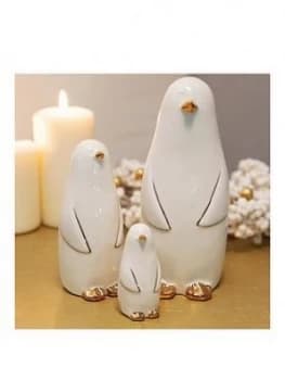 Set Of 3 White & Gold Ceramic Penguin Ornaments