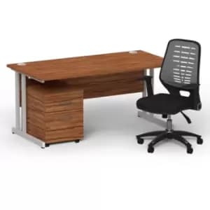 Impulse 1600 x 800 Silver Cant Office Desk Walnut + 2 Dr Mobile Ped & Relay Silver Back