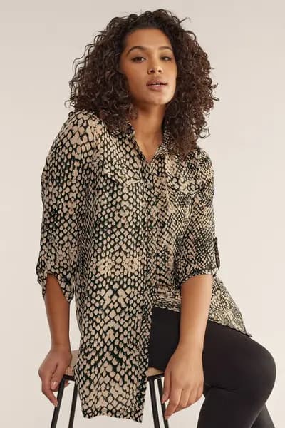 Evans Snake Print Tab Sleeve Shirt Brown