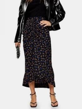 Topshop Petite Floral Trumpet Midi Skirt - Indigo