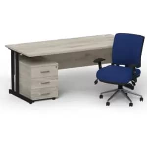 Impulse 1800 x 800 Black Cant Office Desk Grey Oak + 3 Dr Mobile Ped & Chiro Med Back Blue W/Arms