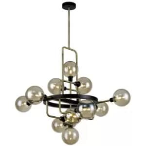 Fixed Ceiling Pendant, 12 Light G9, Matt Black, Antique Brass, Cognac Glass - Luminosa Lighting