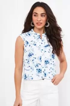 Oversized Collar Sleeveless Broderie Detail Button Down Blouse