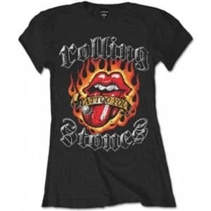 Rolling Stones Flaming Tattoo Tongue Baclk Ladies T-Shirt - Small