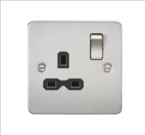 KnightsBridge Flat plate 13A 1G DP switched socket - brushed chrome with Black insert