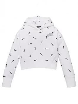 Nike Girls Nsw All Over Print Crop Ft Hoodie - White Black