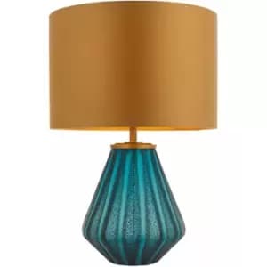 Turqoise Glass Base Table Lamp Light & Gold Fabric Shade - Black Textured Detail